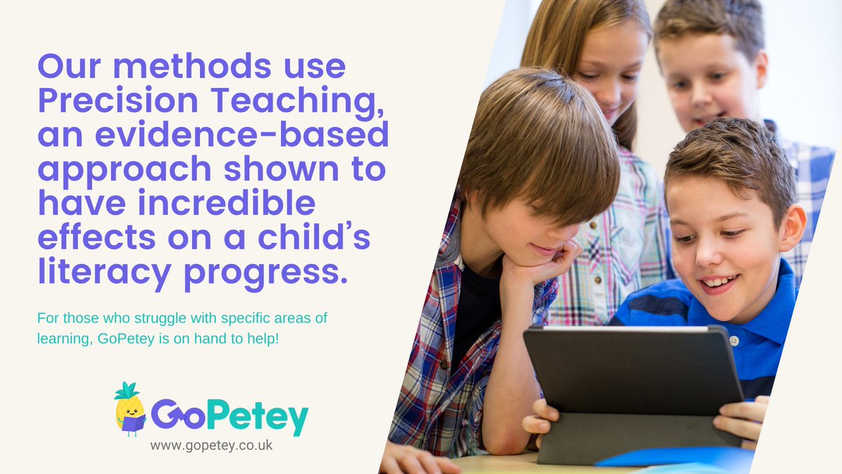 Our methods use #PrecisionTeaching, an evidence-based approach shown to have incredible effects on a child’s #LiteracyProgress. 🎯📈

For those who struggle with specific areas of #learning, GoPetey is on hand to help! 😃

gopetey.co.uk 

#EdChat #Teaching #Literacy