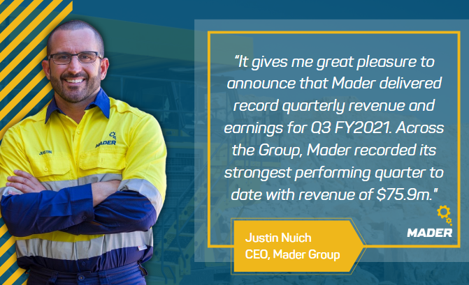 <a href="/Mader_Group/">Mader Group</a> proudly reports record quarterly revenue for Q3 FY2021. CEO, Justin Nuich, commented that exceptional performance was a tribute to the business’s robust business model and continued focus on sustainable, long-term growth. Read more: bit.ly/32ScyQL #ASX $MAD