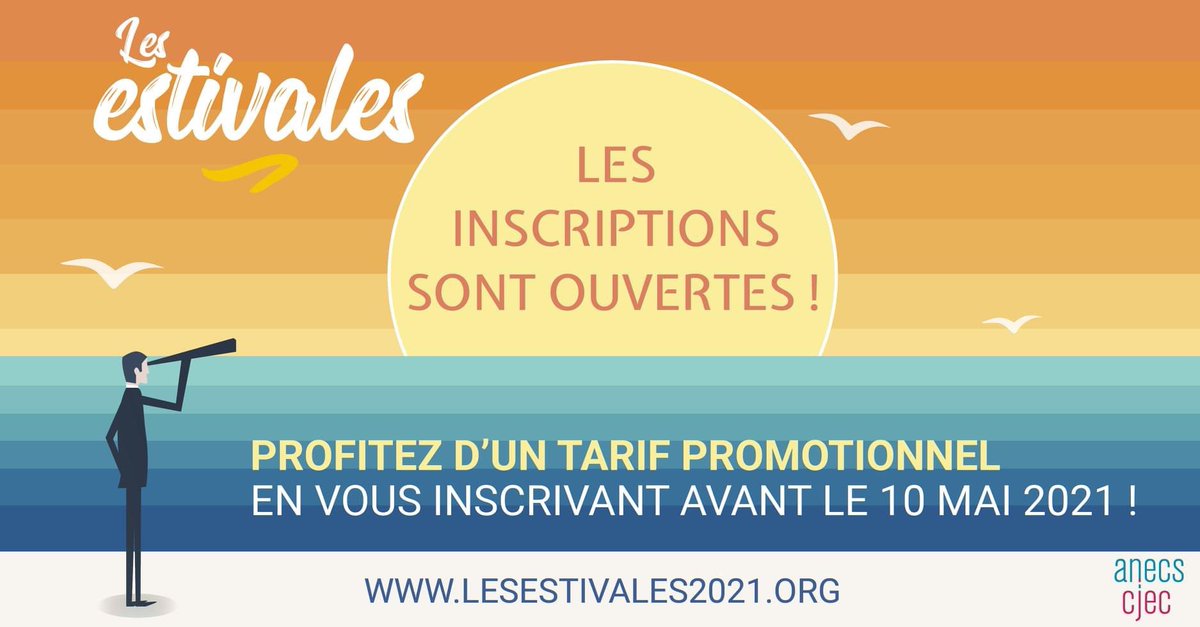 😍 Inscrivez-vous aux #Estivales2021 !

🎁 Tarif promo si inscription avant le 🔟 mai 2021 ! 

👉 inscription.lesestivales2021.org

⚠️ En cas de mesures du gouv liées à la crise Covid-19 interdisant la tenue de l’événement, l’intégralité des droits d’inscription vous sera remboursée 😉