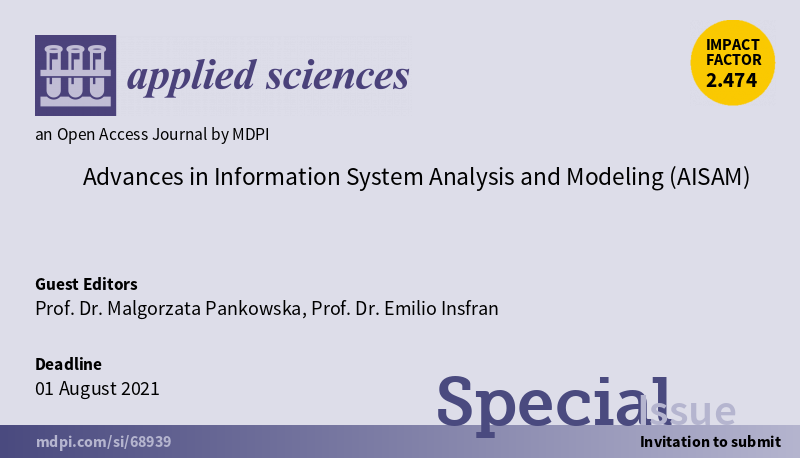 Applsci's tweet image. #SpecialIssue Advances in Information System Analysis and Modeling (AISAM)
mdpi.com/journal/applsc…
Guest Editors: Prof. Dr. Malgorzata Pankowska and Prof. Dr. Emilio Insfran
Submission deadline: 1 August 2021
#systemanalysis #modelinglanguage #mdpiapplsci #openaccess