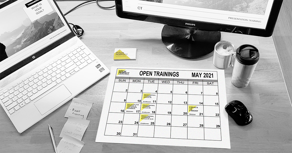 May we present training presenting in May? Well, here it is. Some fresh opportunities to grow yourself as a public speaker!  New dates for Professional, Pitch Doctor Job Application, General or Fruits of Fridays training on pitch-pefect.nl/calendar #presentations  #publicspeaking