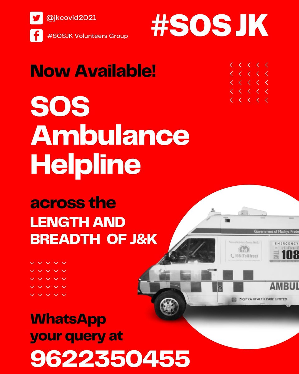 Our initiative #sosjk is going to help you reach your hospital on time from any corner in Jammu and Kashmir. Just give us details in the following format on whatsapp 
Patient Name:
Age:
Covid status:
Any other disease: 
Oxygen requirement: 
Pick up
Destination 
Attendee contact