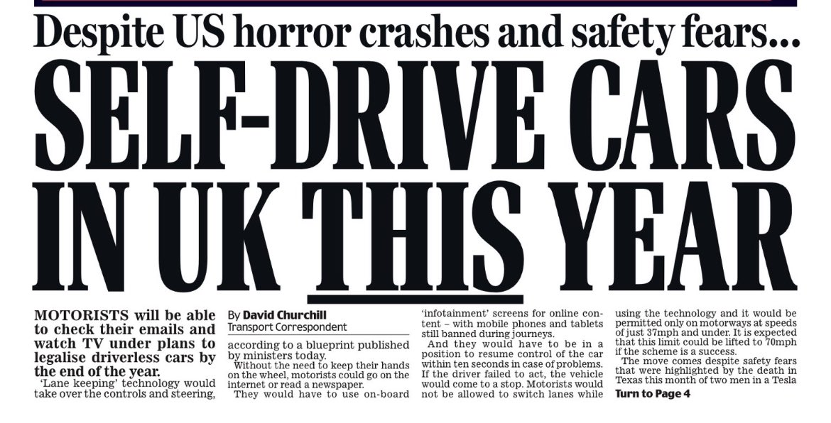 This Daily Mail headline is so misleading for so many reasons.I’ve driven 10s of thousands of miles using this technology over the past few years, so let me explain what’s going on because this type of government announcement and coverage is dangerous.