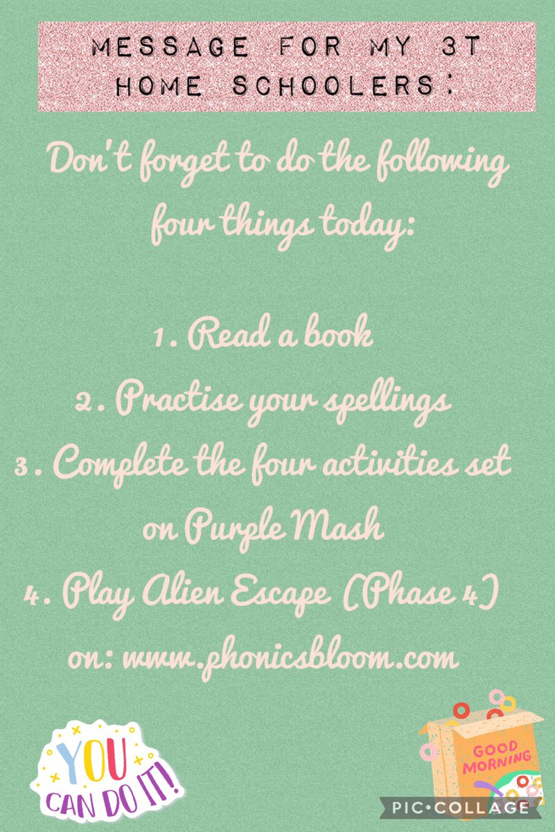 StBedeSENteach's tweet photo. Good morning! Message for parents of children in my 3T phonics group @3tatstbede. Here are your phonics  tasks for today. Don’t forget to send pictures on Class Dojo to earn rewards. Have fun! X https://t.co/9da5RnVP0r