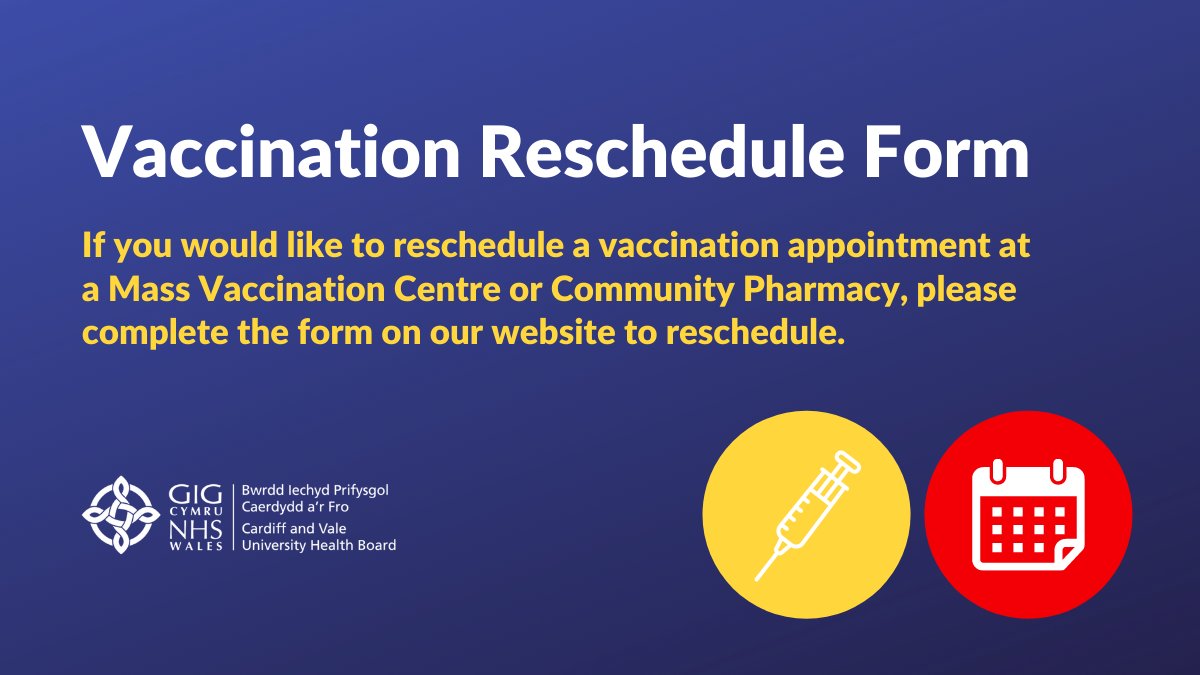 CV_UHB's tweet photo. If you would like to reschedule a vaccination appointment at a Mass Vaccination Centre or Community Pharmacy, please complete the form on our website. 

If your appointment is with a GP, please contact your GP Practice to reschedule.

Access the form here: https://t.co/NfRCemi9NV https://t.co/UPWpNZozGk