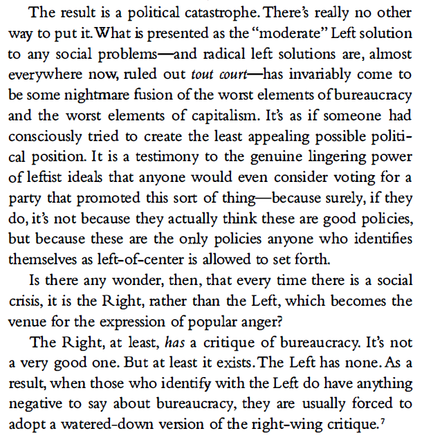 some excerpts from the intro to graeber's "The Utopia of Rules" ( https://theanarchistlibrary.org/library/david-graeber-the-utopia-of-rules.pdf). he's right, the left needs a critique of bureaucracy