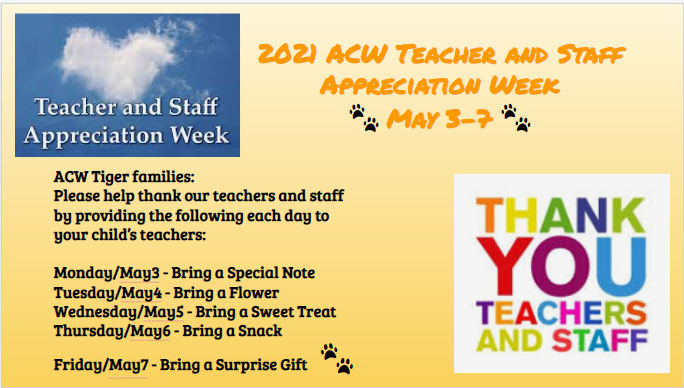 ACWTigers's tweet photo. ACW Staff Appreciation May 3-7! @PalazzettiL #cisdtigers https://t.co/NRmlRBqGxr