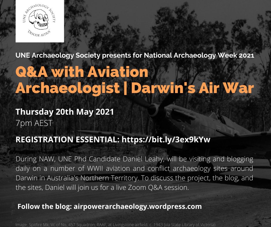 UNEArchSoc's tweet photo. Join us for a Q&amp;A with Aviation Archaeologist @danieljleahy | Darwin's Air War for NAW! @archaeologyweek🛩️REGISTRATIONS ESSENTIAL: https://t.co/SIFNtv1Nr1 #archaeology https://t.co/KOd4ArAObK