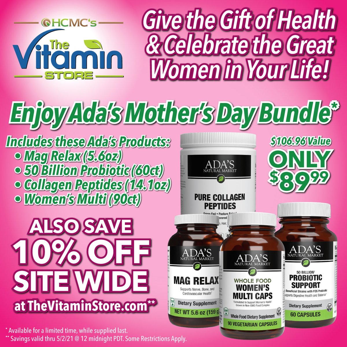 healthiercmc's tweet photo. Give Mom the gift of HEALTHIER living this Mother’s Day with Ada’s SUPER MOM Vitamin &amp; Supplement Bundle! Shhh…10% off storewide even if you're buying for yourself. Order by 5/3 for pre Mother’s Day delivery &amp; Happy Mother’s Day from your friends at HCMC! https://t.co/pfogiwk7QH https://t.co/APVlHx4hvk