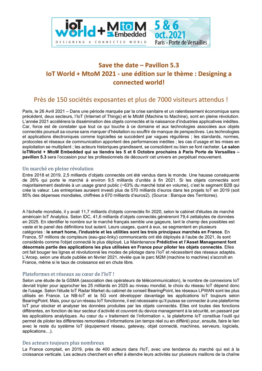Salon_SOC's tweet photo. [#SaveTheDate] Retrouvez près de 150 exposants lors des salons @IoTWorldParis1 et @SalonMtoM les 5 &amp; 6 octobre ! 

Plus de détail dans notre dernier communiqué de presse 👇 https://t.co/Ax8S9Rc28k