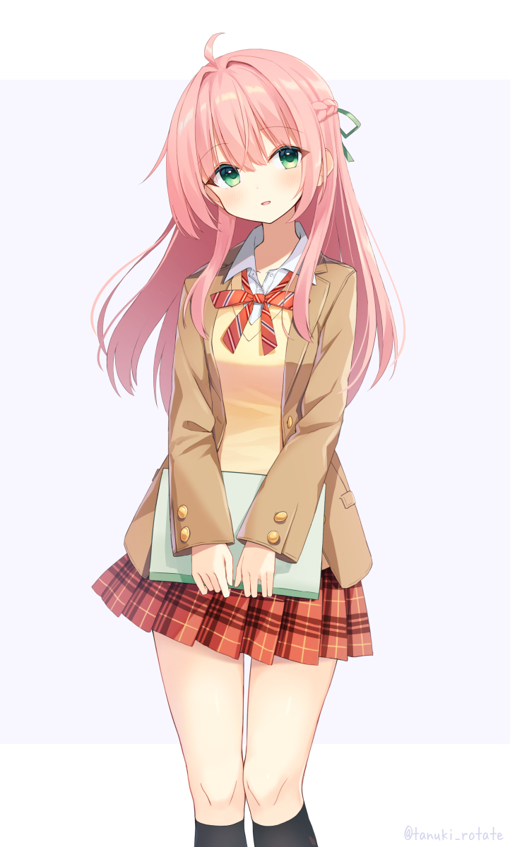 1girl solo skirt green eyes pink hair long hair jacket  illustration images