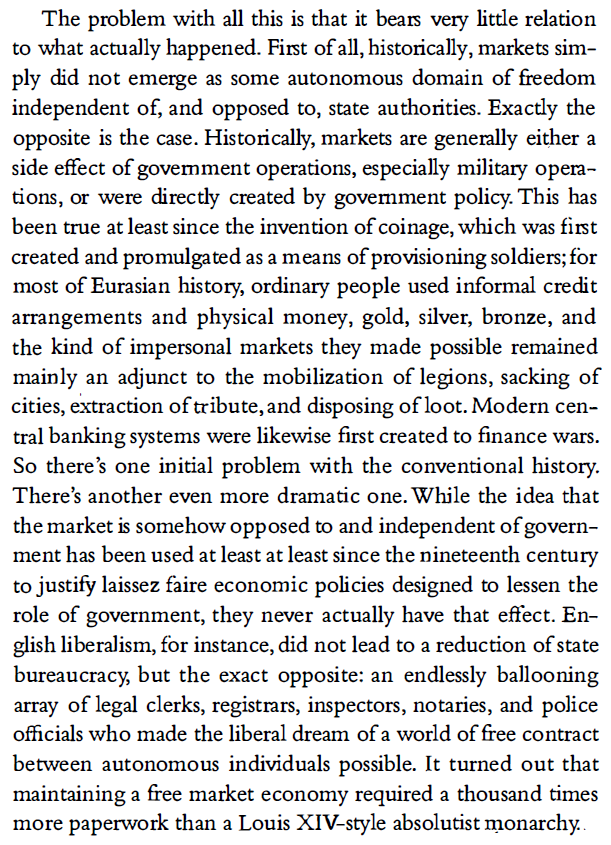 also glad to see that later on in that intro graeber rightly points out that the market and the state are not distinct entities, with the former being free from Sin as claimed by neoliberals. see also this thread ( https://twitter.com/zei_squirrel/status/1376906334260576258) for more texts on this common myth