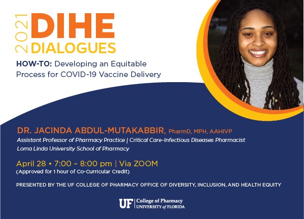 Wednesday night's #DiversityWeek presentation with @JayCdoesID focuses on developing an equitable process for #COVID19Vaccine delivery. See you at 7 p.m. EST.  RSVP now! 
pharmacy.ufl.edu/the-college/di…