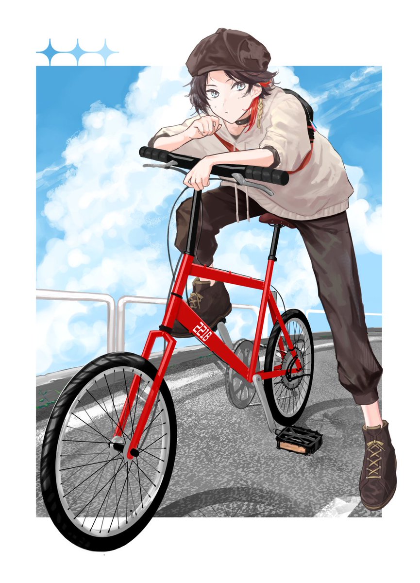 bicycle ground vehicle hat solo 1boy black hair male focus  illustration images
