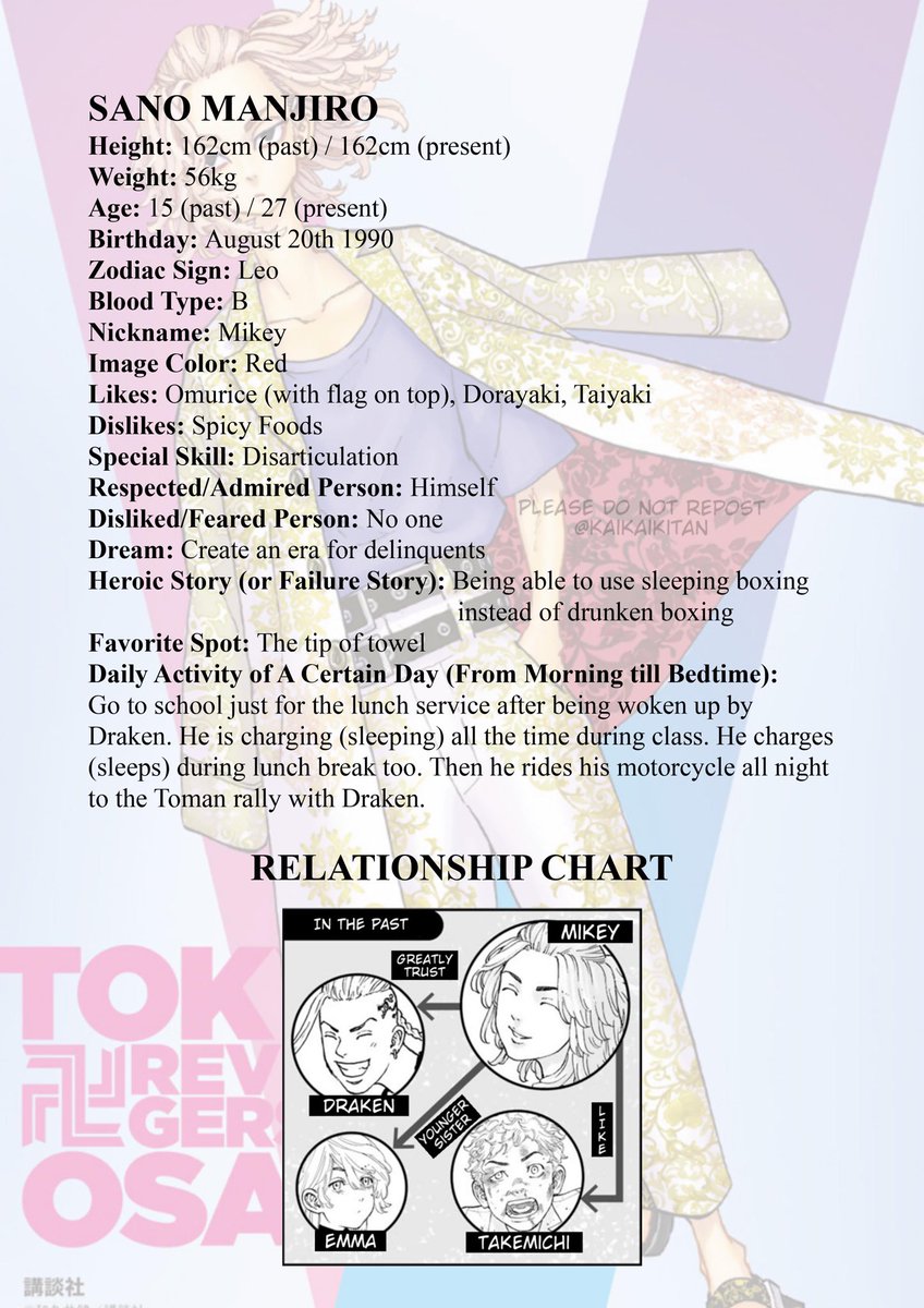 shiro on X: Emma and Akkun Profile (Full Translations) from Tokyo  Revengers Character Book Mikey and Draken :  Mitsuya  and Takemichi :  Baji and Chifuyu :   #東リベ