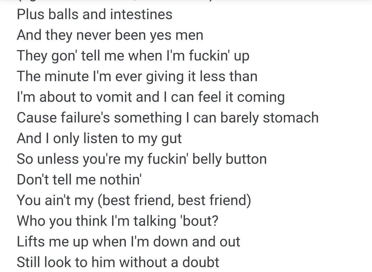 Next few lines are not bar heavy he says the he has balls and guts to do what he wants and if you are not his best friend don't tell him nothingWordplay-Can't stomach/belly buttonHe references Proof by saying "look to him'Without a doubt'" which is in fact Proof(literally)!