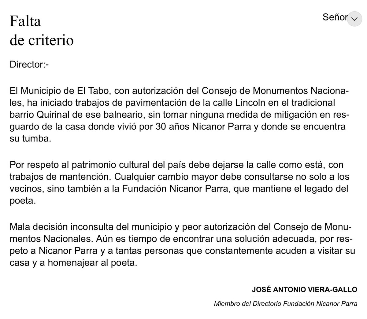 info_navarro's tweet photo. “Mala decisión, inconsulta del municipio y peor autorización de @Monumentos_cl” 

“Debe consultarse no solo a los vecinos, sino también a @FNicanorParra “

Carta de @VieragalloQ en @ElMercurio_cl https://t.co/FJEAot2Mr5