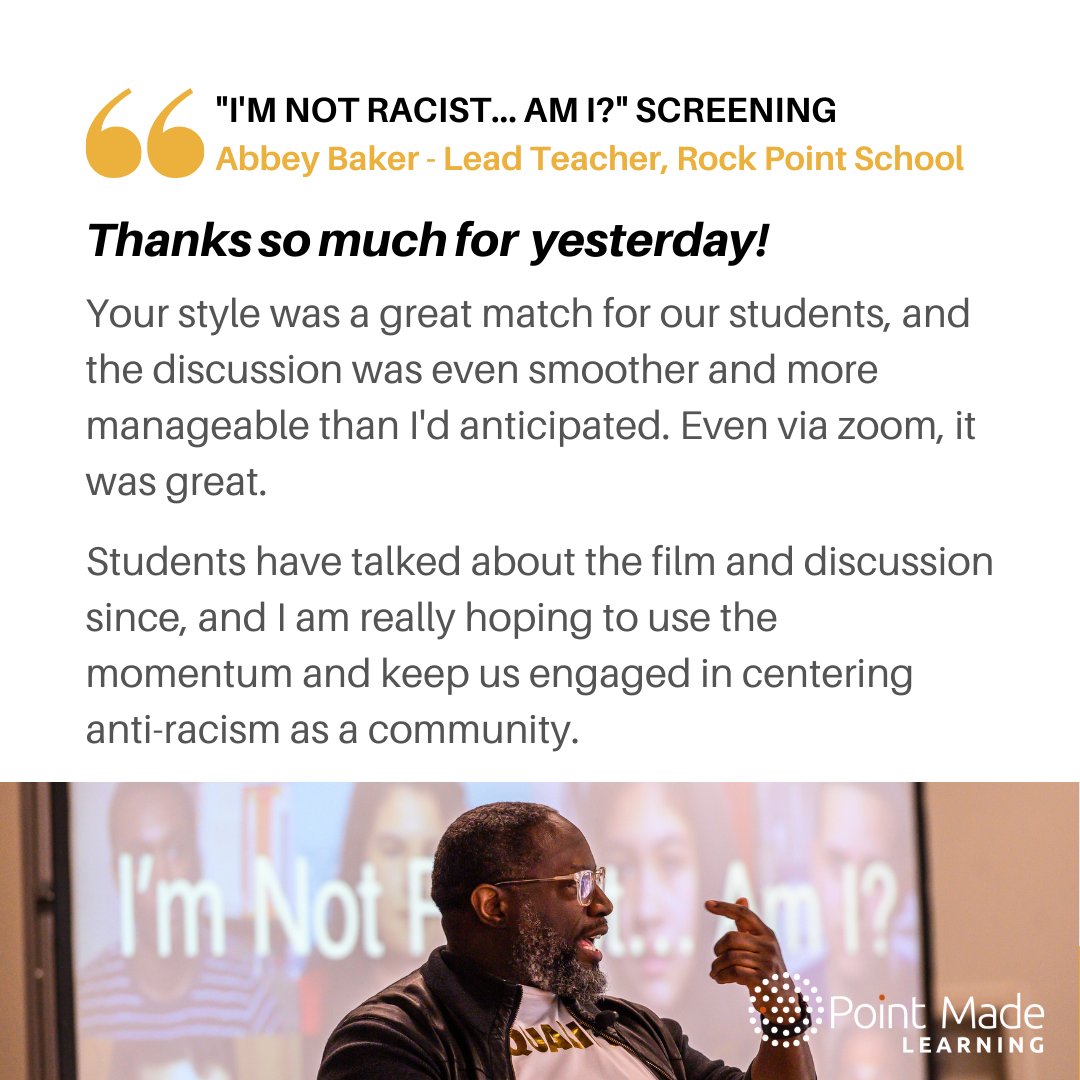 Point Made Learning (@pm_learn) on Twitter photo Now is the time to book your Fall screenings and workshop for "I'm Not Racist... Am I?" Contact programming@pointmade.com to secure your event -- we offer virtual and a limited number of in person options. Watch the trailer here: buff.ly/2OTRN40 #FilmScreening Now is the time to book your Fall screenings and workshop for "I'm Not Racist... Am I?" Contact programming@pointmade.com to secure your event -- we offer virtual and a limited number of in person options. Watch the trailer here: buff.ly/2OTRN40 #FilmScreening