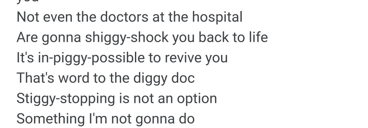 Now the beat starts building up and Em stutters few words to add emphasis on them and enhance the flowEm says he will murder you and even doctors can't save you from himHe shouts out hip hop legend D.O.C -"word to the Diggy Doc"