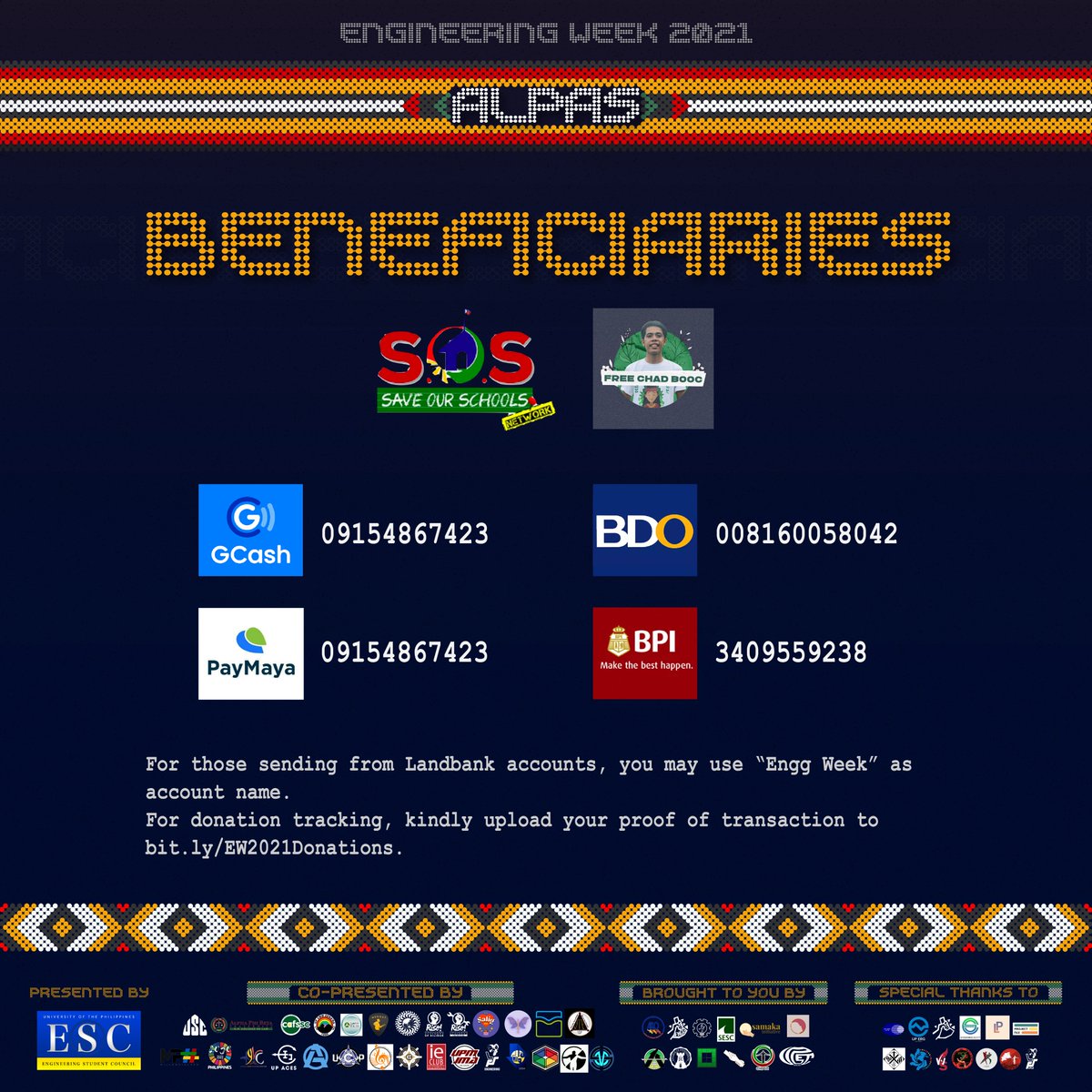 UP_ESC's tweet photo. Patuloy pa rin natin ang pagbibigay ng donasyon para sa SOS Network at para sa Bakwit School 7! Narito ang mga detalye tungkol sa mga bangko kung saan pwede idaan ang mga donasyon:
BDO 008160058042
GCASH 09154867423
PAYMAYA 09154867423
BPI 3409559238
#EW2021
#EnggWeekAlpas https://t.co/m9aP9AyYZ5