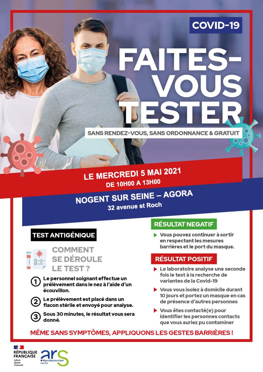 Nogent-sur-Seine (@nogentsurseine) on Twitter photo Nouvelle campagne de dépistage mercredi 5 mai de 10h à 13h à l'Agora Michel Baroin à <a href="/NogentsurSeine/">Nogent-sur-Seine</a>
#Sante #COVID19 Nouvelle campagne de dépistage mercredi 5 mai de 10h à 13h à l'Agora Michel Baroin à <a href="/NogentsurSeine/">Nogent-sur-Seine</a>
#Sante #COVID19