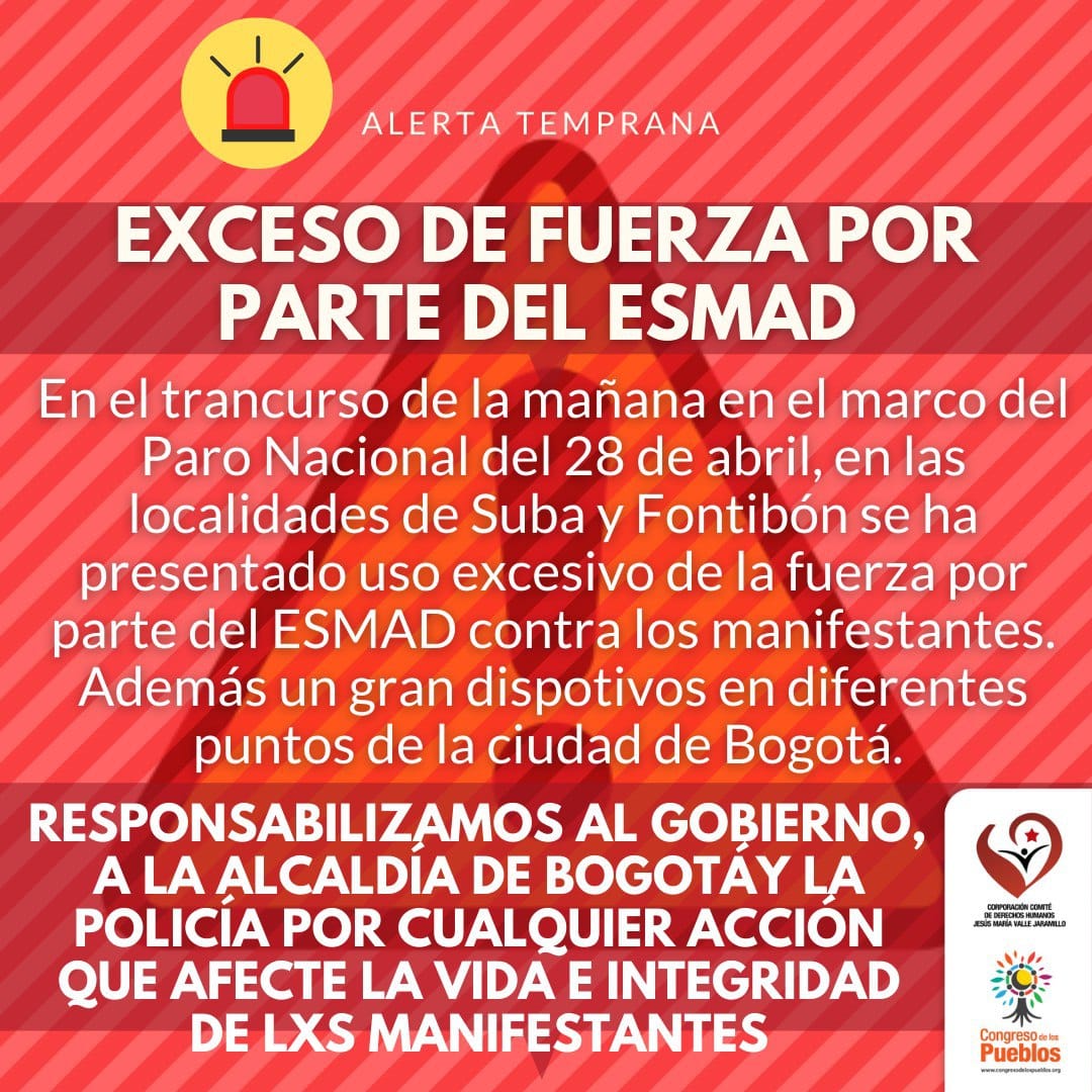 DDHHJesusMaria's tweet photo. #ParoNacional ✊🏾 En Suba y Fontibón inicia la jornada de paro con hostigamiento, presencia excesiva e irrespeto hacia los protocolos de bioseguridad por parte de la policía y el ESMAD. https://t.co/MUCLJldUw0