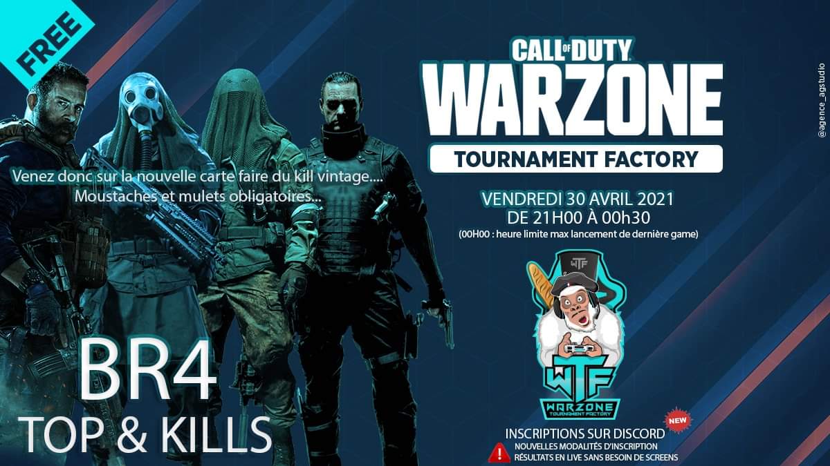 WTFTOURNAMENT's tweet photo. Tournoi  Warzone Tournament Factory  en date du vendredi  30 avril :
QUATOR TOP ET KILL partie publique  :
• De 21h00 a 00h00 (dernière game lancée)
• 3 meilleures games retenues 
• inscription sur notre discord 
• suivi de vos Résultats du tournoi en direct https://t.co/DOnLqj6f0j