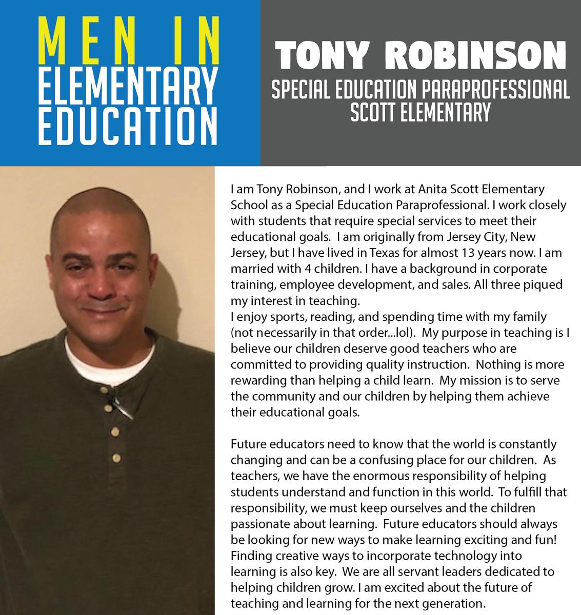 We're proud to celebrate Men in Elementary Education! Thank you Mr. Robinson, of Scott Elementary, for your leadership and dedication to students! #BulldogPride #RCISDJoy