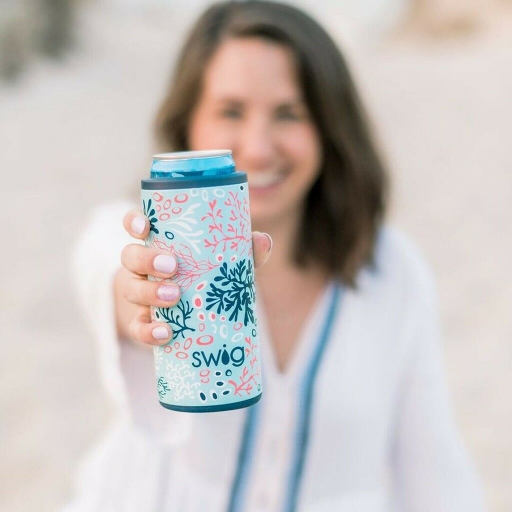 Finding relief in the reef 🌊🐚☀️ New #skinnycancooler patterns just in time for the season! Grab a cold one and shop the Coral Me Crazy Collection! 

#swiglife #coral #stayhydrated #skinnycan #beachplaylist #beachlife #adventure #summervibes #reusable… instagr.am/p/CONXeZ-hc0K/