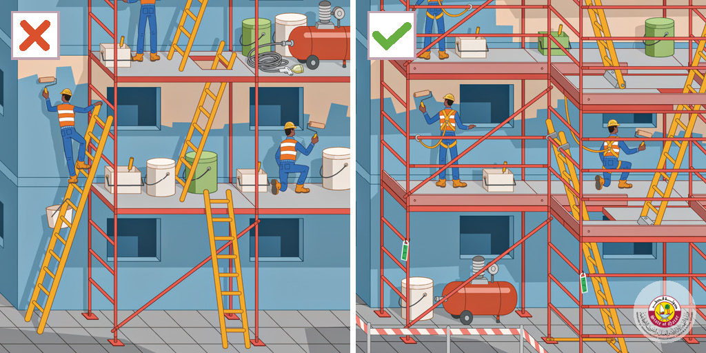 ILOQatar's tweet photo. #Qatar 's Labour Law requires employers to adopt all measures to protect workers’ safety &amp; health. 👷Workers must also comply w/ safety rules and raise concerns w/ colleagues and supervisors🦺. What are the DOs and DONTs to prevent falls from height? https://t.co/yUmCgAAF88