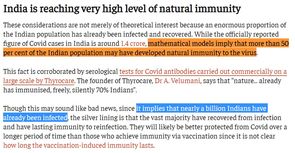 5/YBhattacharya doesn't like various brakes for ideological reasons (there's a reason he goes to right-wing outlets a lot). So he exaggerated how close India was to herd immunity."a near majority of the population has developed immunity to the virus" https://theprint.in/opinion/majority-indians-have-natural-immunity-vaccinating-entire-population-can-cause-great-harm/582174/
