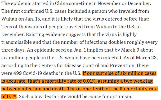 6/YThat's consistent with Bhattacharya exaggerating the number of infections for over a year. It's convenient for him in a number of ways, such as allowing him to give COVID-19 fatality rates so low they're impossible. https://twitter.com/AtomsksSanakan/status/1363988291335380992 https://archive.is/QLmJt#selection-2607.643-2607.882