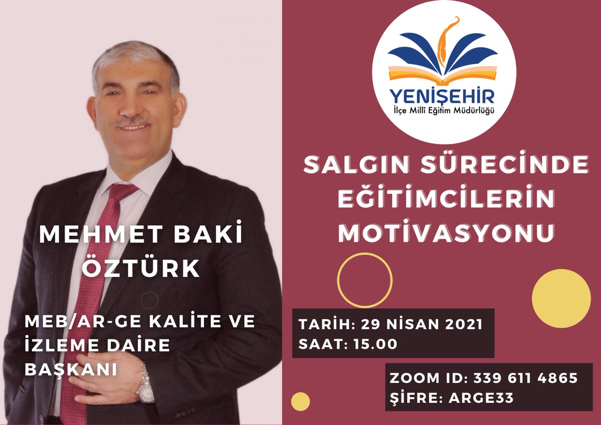 📢 Salgın sürecinde eğitimcilerimizin motivasyınlarını artırmak amacıyla, MEB Arge Kalite ve İzleme Daire Başkanı Sayın Mehmet Baki ÖZTÜRK'ün konuk olacağı webinarımıza tüm eğitimcilerimizi bekliyoruz. <a href="/mbakiozturk/">Dr. Mehmet Baki ÖZTÜRK</a> <a href="/MersinMEM/">Mersin İl Millî Eğitim Müdürlüğü</a> <a href="/AdemKoca46/">Adem Koca</a> <a href="/necmidinc/">M.Necmeddin Dinç</a>