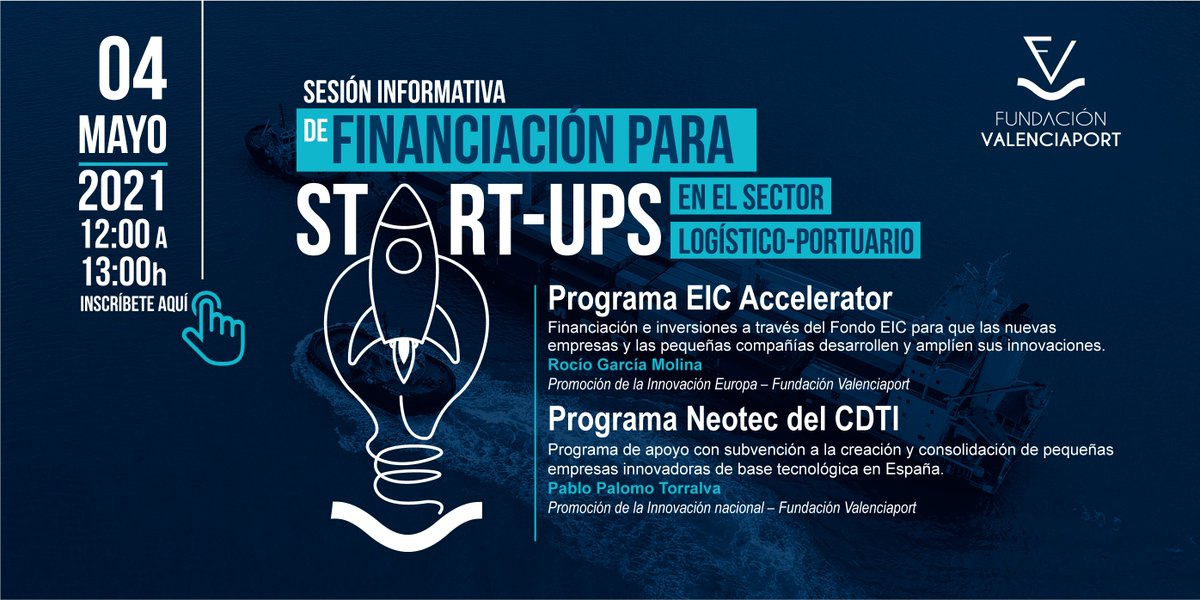 📢Próximo 4 de Mayo: Sesión Informativa de #Financiación para start-ups🚀del sector logístico portuario (formato virtual), en la que se darán a conocer 2 líneas de ayudas públicas: EIC Accelerator (europea) y NEOTEC (nacional).
👉Inscríbete aquí: bit.ly/3aLuyAO
#startups