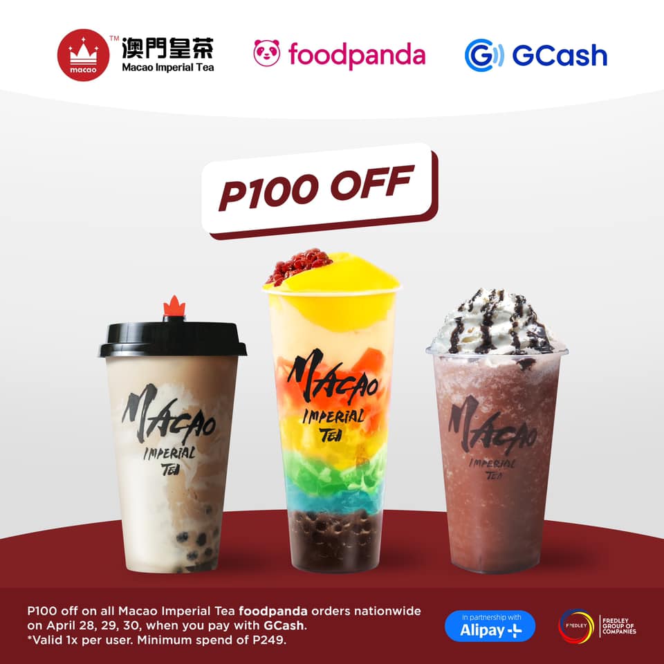 Get P100 off on all Macao Imperial Tea Foodpanda orders when you pay with GCash.Simply enter the promo code "MILKTDAY" upon checkout from April 28-30, 2021.