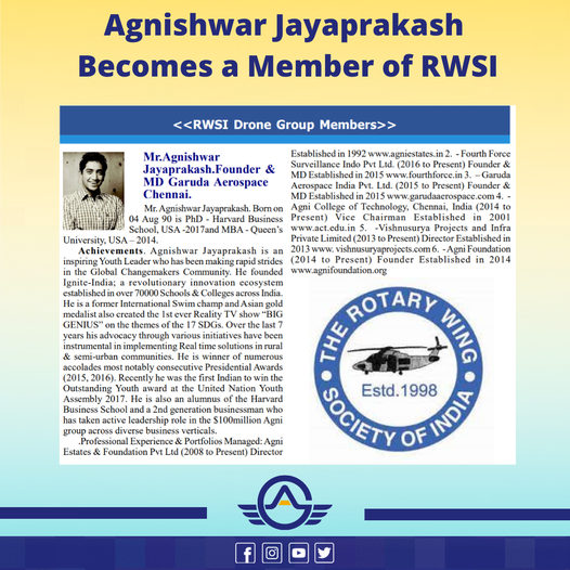IgniteAgni's tweet photo. We are proud to announce that our founder Mr. Agnishwar Jayaprakash has been choosen as a member of RWSI.

#fpv #dronefly #dronepilot #aerialphotography #dronephoto #droneshots #fpvfreestyle #dronesdaily https://t.co/f134JAxBBD