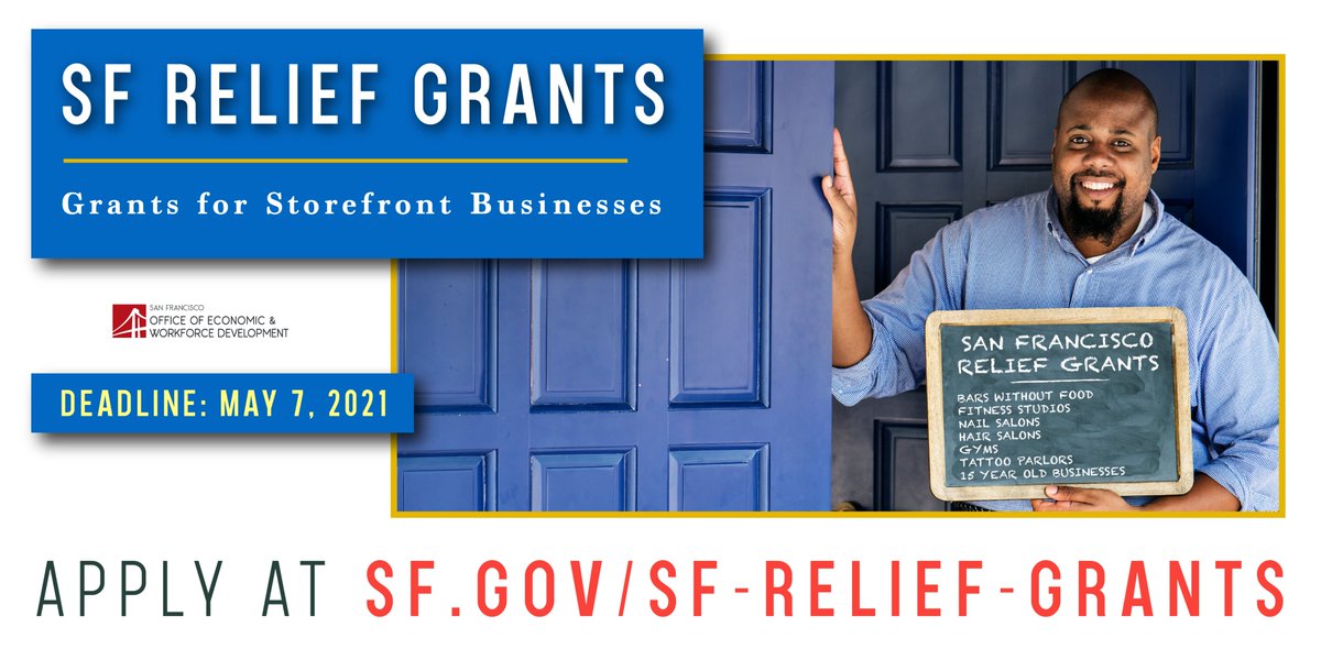 Through our Storefront Grant programs, we're giving $10.9 million to small San Francisco businesses most impacted by the Stay-at-Home orders, prioritizing those that have been excluded from state and federal programs.

APPLY NOW: sf.gov/sf-relief-gran…

Deadline: May 7, 2021