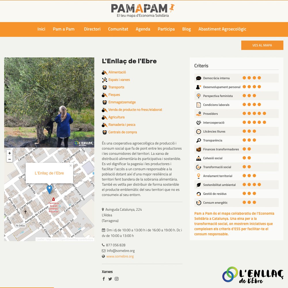 🌱 Ja formem part de Pam a Pam!

🙌 <a href="/pamapamcat/">Pam a Pam 📌</a>  és el mapa col·laboratiu de l'Economia Social i Solidària a Catalunya. Una eina col·lectiva que contribueix a la transformació social per superar la lògica capitalista.

📲 pamapam.org/ca/directori/e…

#SomEbre #PamaPam #ess