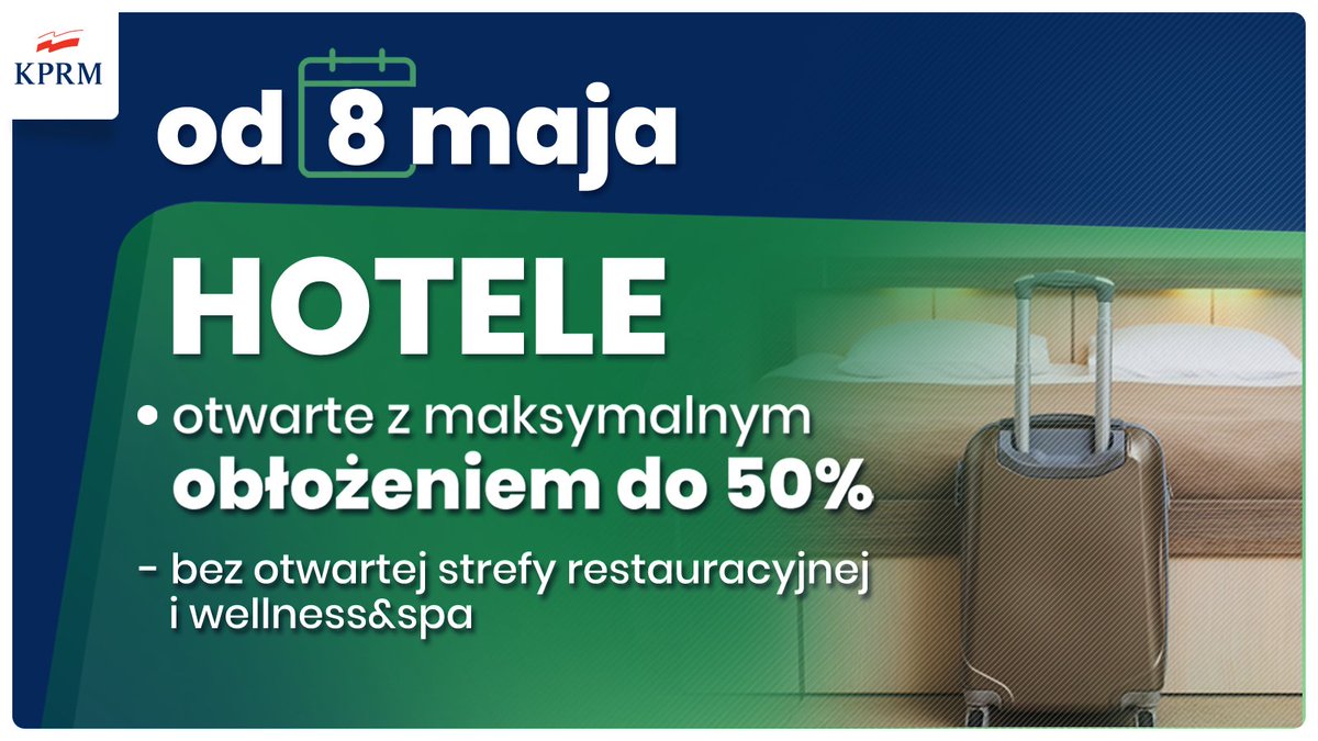 PremierRP's tweet photo. 🟢 Od 8 maja łagodniejsze restrykcje przy utrzymującym się niskim poziomie zachorowań ⤵️

🏨 Otwarte hotele z maksymalnym obłożeniem do 50 50% - bez otwartej strefy restauracyjnej i wellness&amp;spa

Czytaj więcej ▶️ https://t.co/f6zUT0a91J https://t.co/svT1gFraHK