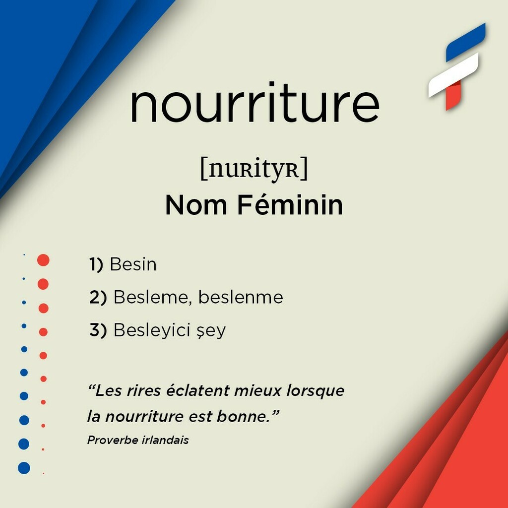 📚nourriture, nom féminin 🎙[nuʀityʀ]:
1️⃣ Besin
2️⃣ Besleme, beslenme
3️⃣ Besleyici şey
4️⃣ Nimet
5️⃣ Yemek, yemekler
6️⃣ Yiyecek, içecek
-
-
“Les rires éclatent mieux lorsque la nourriture est bonne.”
Proverbe irlandais
-
-
🔗Biodaki linke tıklayarak söz… instagr.am/p/COM7_FEqddh/