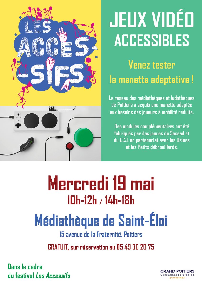 LECRWORLD's tweet photo. Session de #jeuxvideo #accessible à tous à la Médiathèque de St Eloi #Poitiers #LesAccessifs le mercredi 19 mai #tousgamers https://t.co/TJABwR7ffG