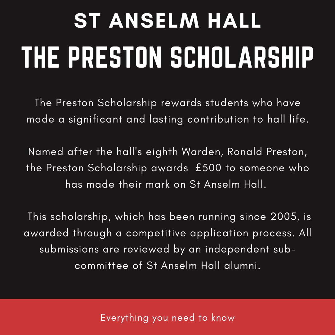St_Anselm_Hall's tweet photo. We're proud to announce a new series of scholarships available to students joining us at #StAnselmHall in the next academic year!

These scholarships will reward the best and brightest students of our hall, and aim to stoke their passion and creativity to better our community. https://t.co/h3l1DFd1q2