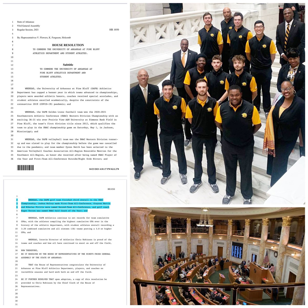 nikolaspitiris's tweet photo. Many thanks to the Arkansas House of Representatives which adopted HR 1050 to honor our men’s golf, women’s volleyball &amp; football teams + our athletic department, for a great season and a lot of hard work, both on and off the course. 🙏🏌️‍♂️🦁 @UAPBLionsRoar @theswac @ArkansasHouse https://t.co/F6ghDMR7Zk