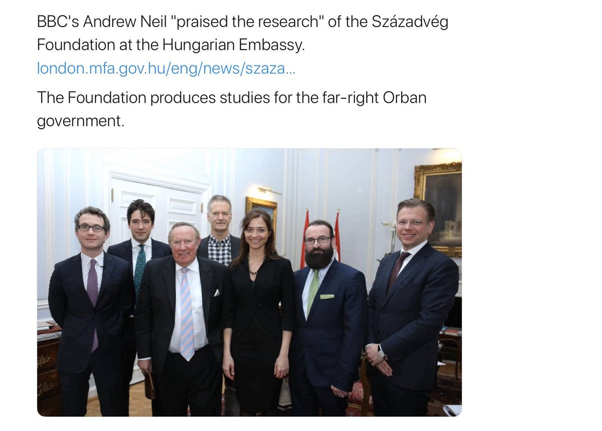 So Andrew Neil, Douglas Murray, Henry Newman & David Goodhart attended the event at the Hungarian embassy, hosted by the  @spectator, to discuss "research" conducted by the Századvég Foundation designed to help the Orbán regime.I fear the UK elite Right may be 'doing an Orbán'.