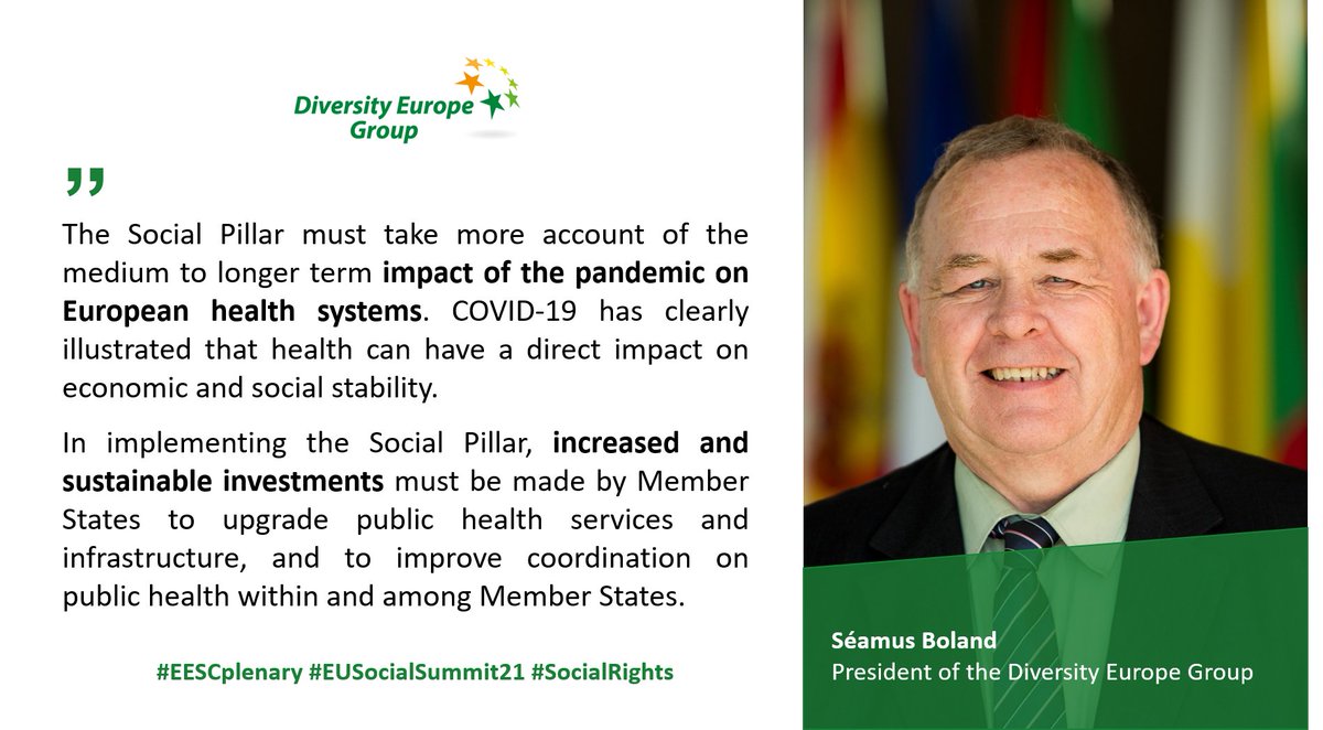 In implementing the Pillar of #SocialRights, increased &amp; sustainable investments must be made by Member States to upgrade public health services &amp; infrastructure, and to improve coordination on public health within &amp; among Member States.🗣️<a href="/smsboland/">Séamus Boland</a> #EESCplenary #EUSocialSummit21