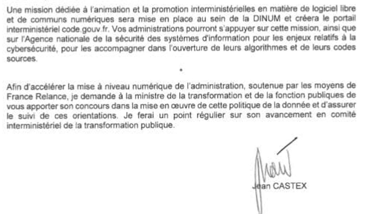 Circulaire <a href="/JeanCASTEX/">Jean Castex</a> sur la politique de la donnée + codes sources: "Une mission dédiée à I'animation et la promotion interministérielles en matière de logiciel libre et de communs numériques sera mise en place au sein de la DINUM et créera le portail code.gouv.fr"