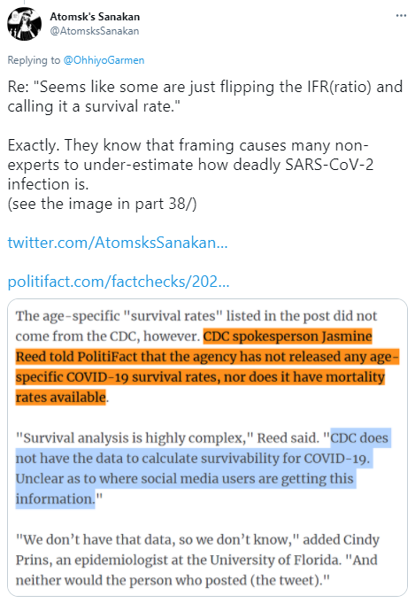 18/YAnd of course, Bhattacharya knowingly abuses the misleading "infection survival rate" framing. Easy to cover up how bad 600,000 deaths are by saying '99.4% survival rate', without mentioning 100 million infected. https://twitter.com/AtomsksSanakan/status/1343610591156568067 https://twitter.com/AtomsksSanakan/status/1341352277890789376