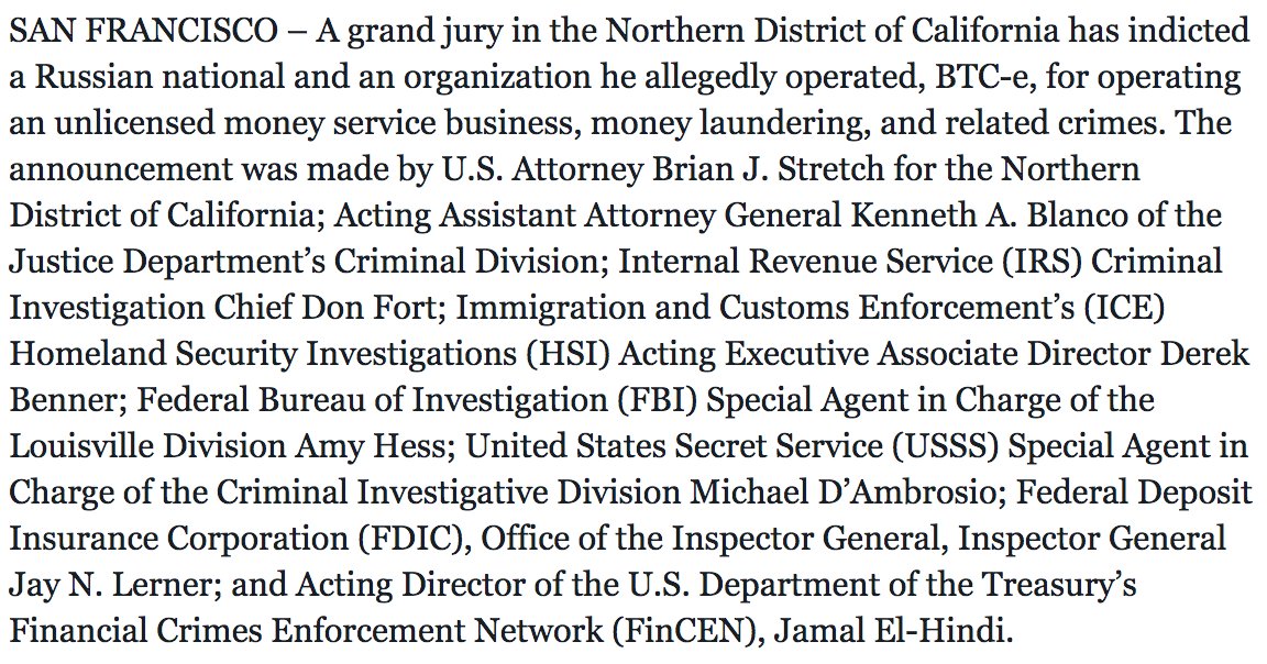 With BTC-E, the US has only unsealed the a few docs. And only did that bc the clusterfuck of alphabet agencies wanted to throw a massive circlejerk party around said indictment. Any seizures, other affidavits, etc are still sealed. https://www.justice.gov/usao-ndca/pr/russian-national-and-bitcoin-exchange-charged-21-count-indictment-operating-alleged