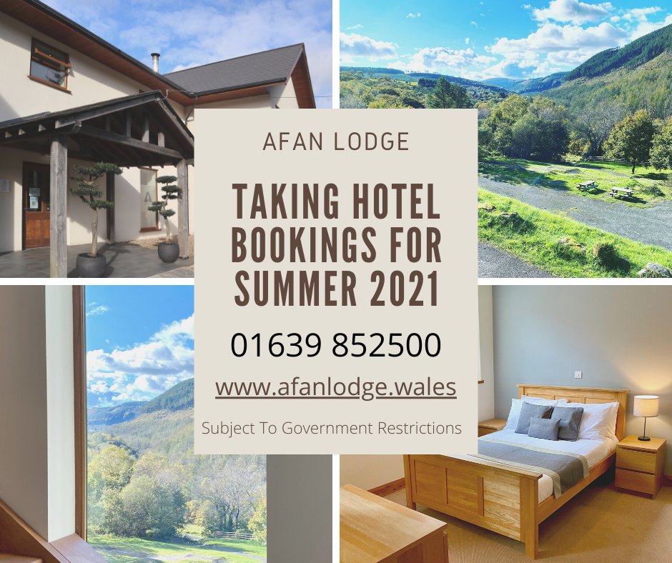ACCOMMODATION BOOKINGS NOW OPEN!
The Afan Lodge is very excited to announce our reception is now open taking accommodation bookings for June 2021 onwards.

Call - 01639 852500 (9am - 5pm)
Email - stay@afanlodge.wales
Online - afanlodge.wales