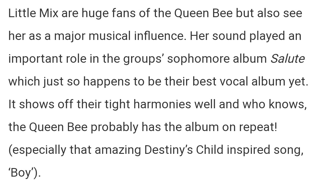+ Little mix were inspired by her songs while making their albums "Salute" and "Glory Days"
